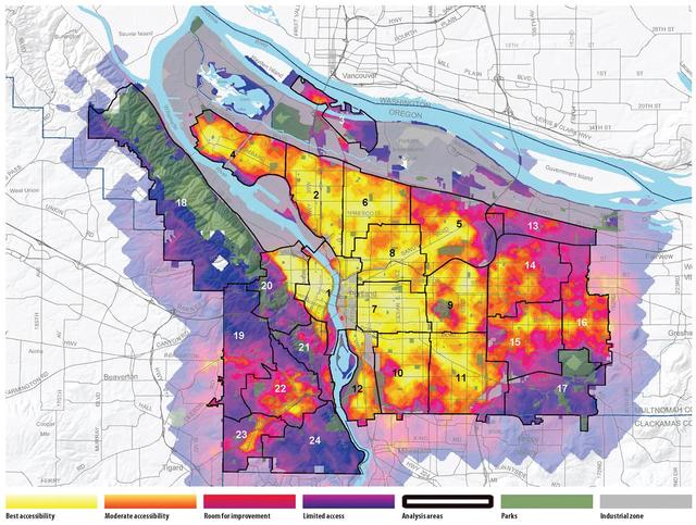 "Heat" map of Portland's 20-min neighborhoods